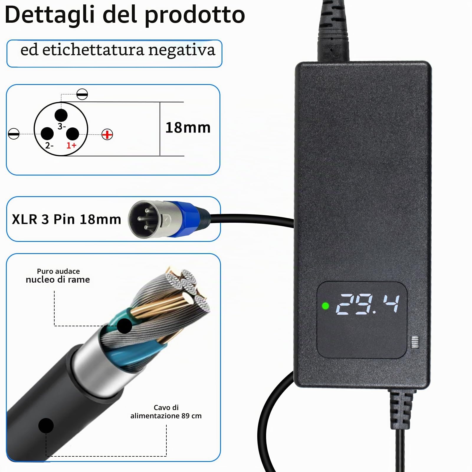 Caricabatterie Batteria agli ioni di litio 24 V, per sedia a rotelle elettrica, scooter elettrico, bici elettrica, 29,4 V, 4 A, adattatore di alimentazione Rapid Charger Fan Cooling Connettore XLR