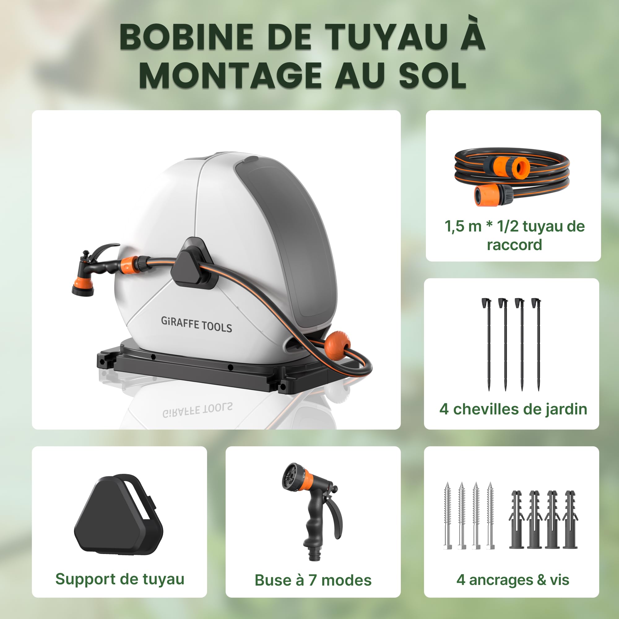 Giraffe Tools Enrouleur de tuyau d'arrosage rétractable de 40 m, très résistant, avec buse de pulvérisation 7 fonctions et 360° base pivotante flexible