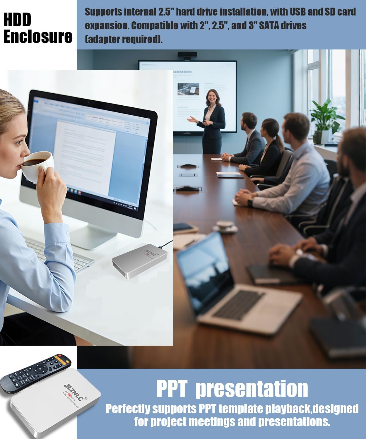 4K Ultra HD Media Player & HDD Enclosure 2-in-1,Digital Signage, Play H.265/HEVC H.264/AVC MP4 MKV Videos,MP3 Music,JPG Photos,Auto Playback and Resume,Supports HDDs,USB/SD Card,4k HDMI,Analog AV.