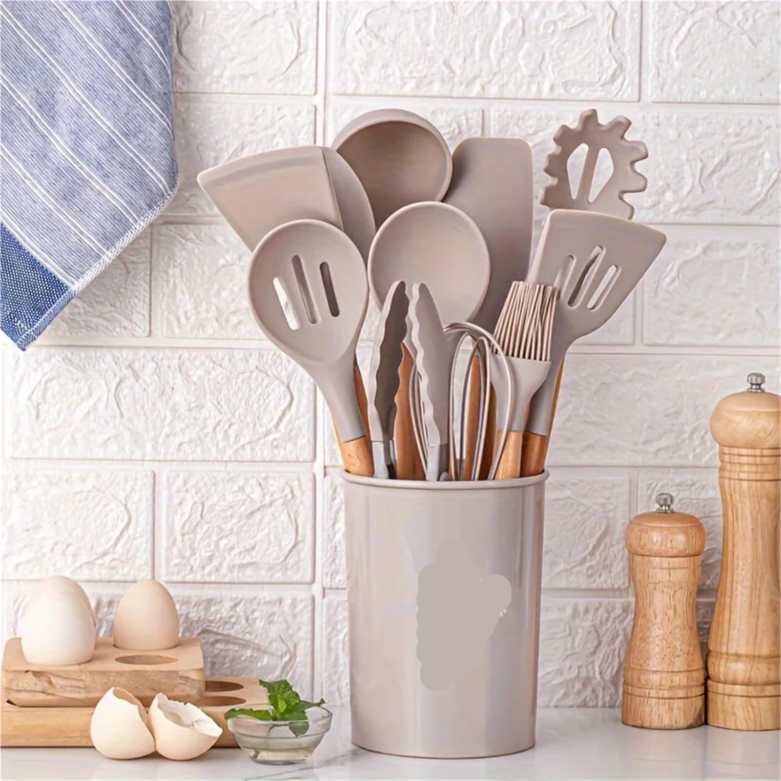 Set di utensili da cucina in silicone Set di utensili da cucina in silicone 12 pezzi for manico in pentola antiaderente, secchio stoccaggio for, resistente(12Pcs Grey)