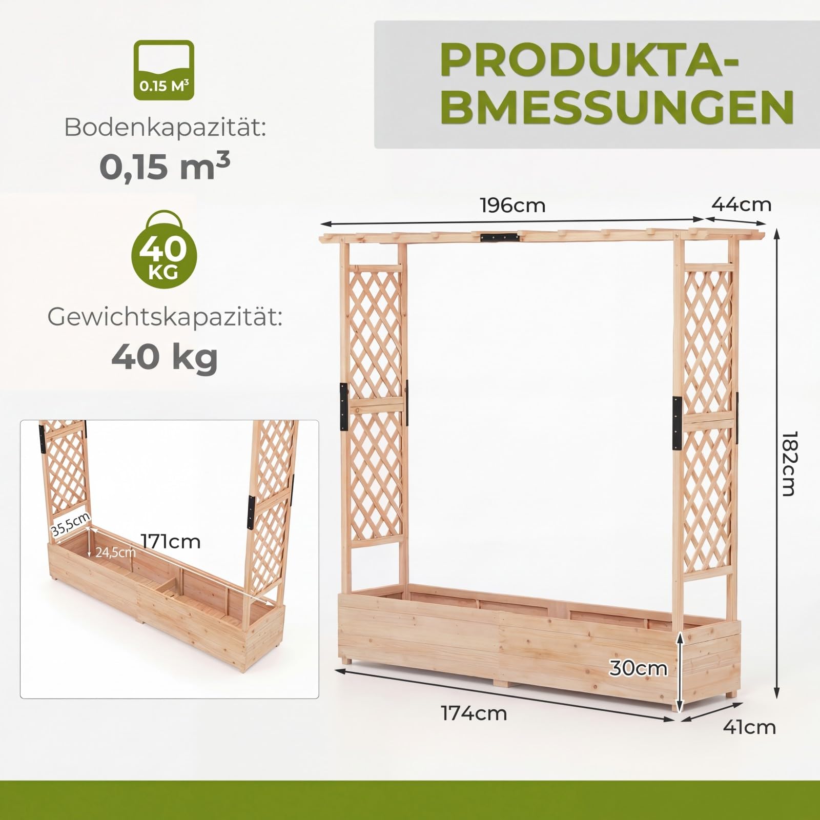 COSTWAY Blumenkasten mit Rankgitter & hängendem Dach, Pflanzkasten mit Rankhilfe, Hochbeet für Kletterpflanzen & hängende Körbe, für Garten Hof Terrasse, Pflanzkübel Holz, 196 x 44 x 182 cm (Natur)