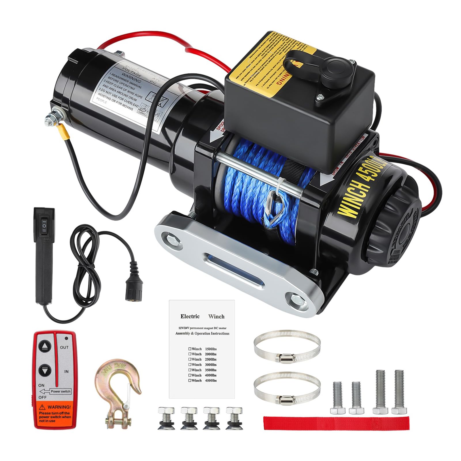 Elektrische seilwinde 12V 2041kg / 4500lbs, Motorwinde Seilzug Elektrowinde 1,4kW Motor, mit Dyneema-Seil, Funk & Kabel Fernbedienung, Wasserdicht, Seilfenster, für UTV, SUV, Boot, Anhänger
