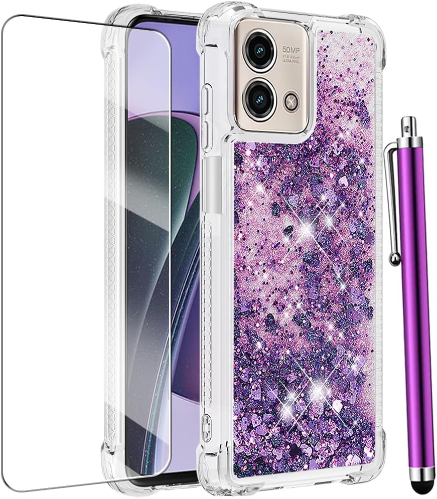 for Moto G Stylus 5G 2023 Case with Screen Protector, Cute Glitter Bling Liquid Floating Women Girls Phone Case Girly Slim TPU Soft Silicone Shockproof Cover for Moto G Stylus 5G 2023-Purple
