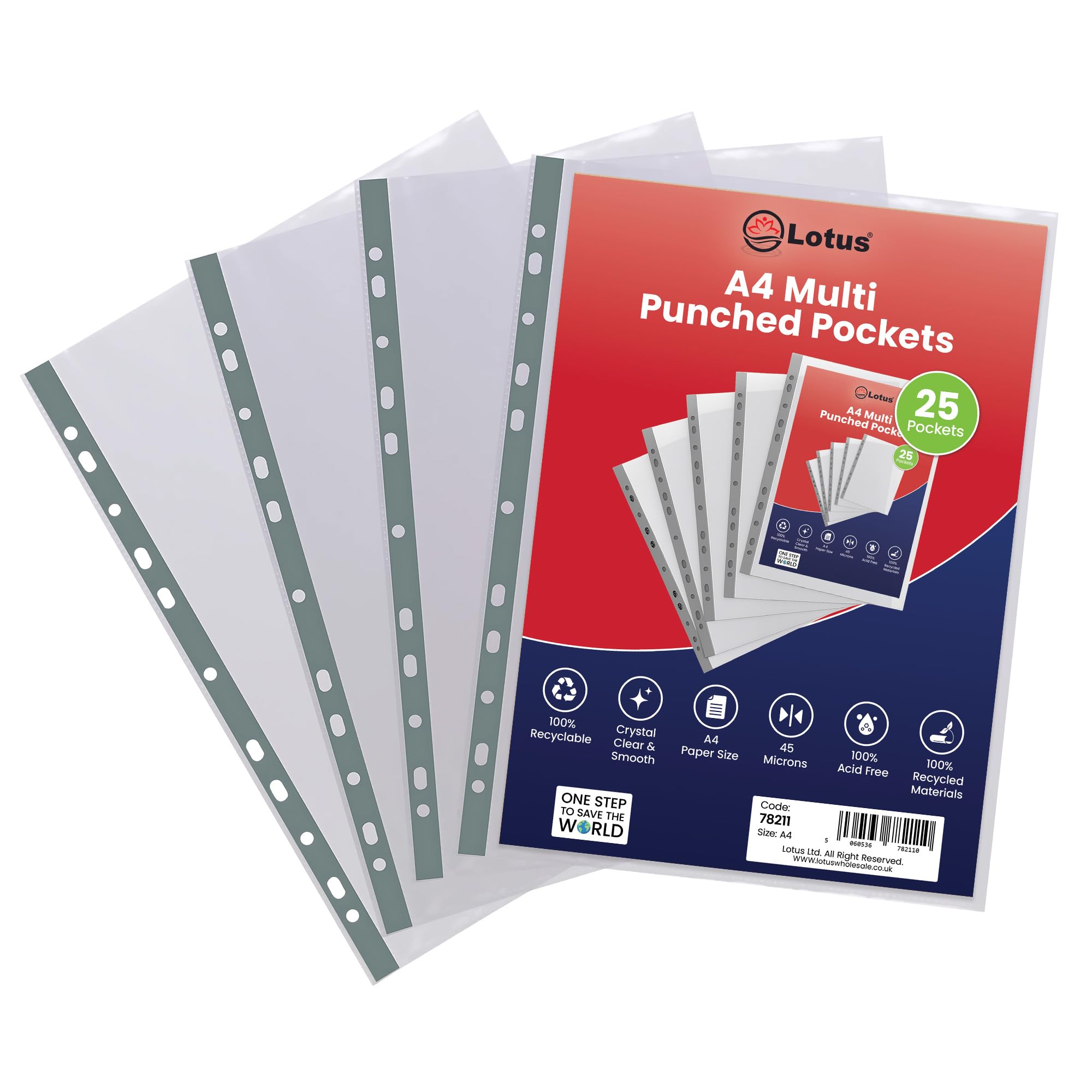 Lotus A4 Premier Punched Pockets-Ultra-Durable 90 Micron Transparent Poly Wallets | Crystal Clear Sheet Protector Sleeves for Superior Document Protection|Ideal for Professional Use-78211(Pack of 25)