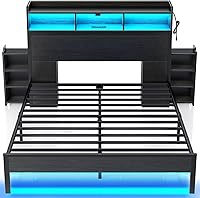 Rolanstar Full Size Bed Frame with Storage Headboard, Pull-Out Cabinets, USB Charging Station & RGB LED Lights - No Box Spring, 1200lbs, Black