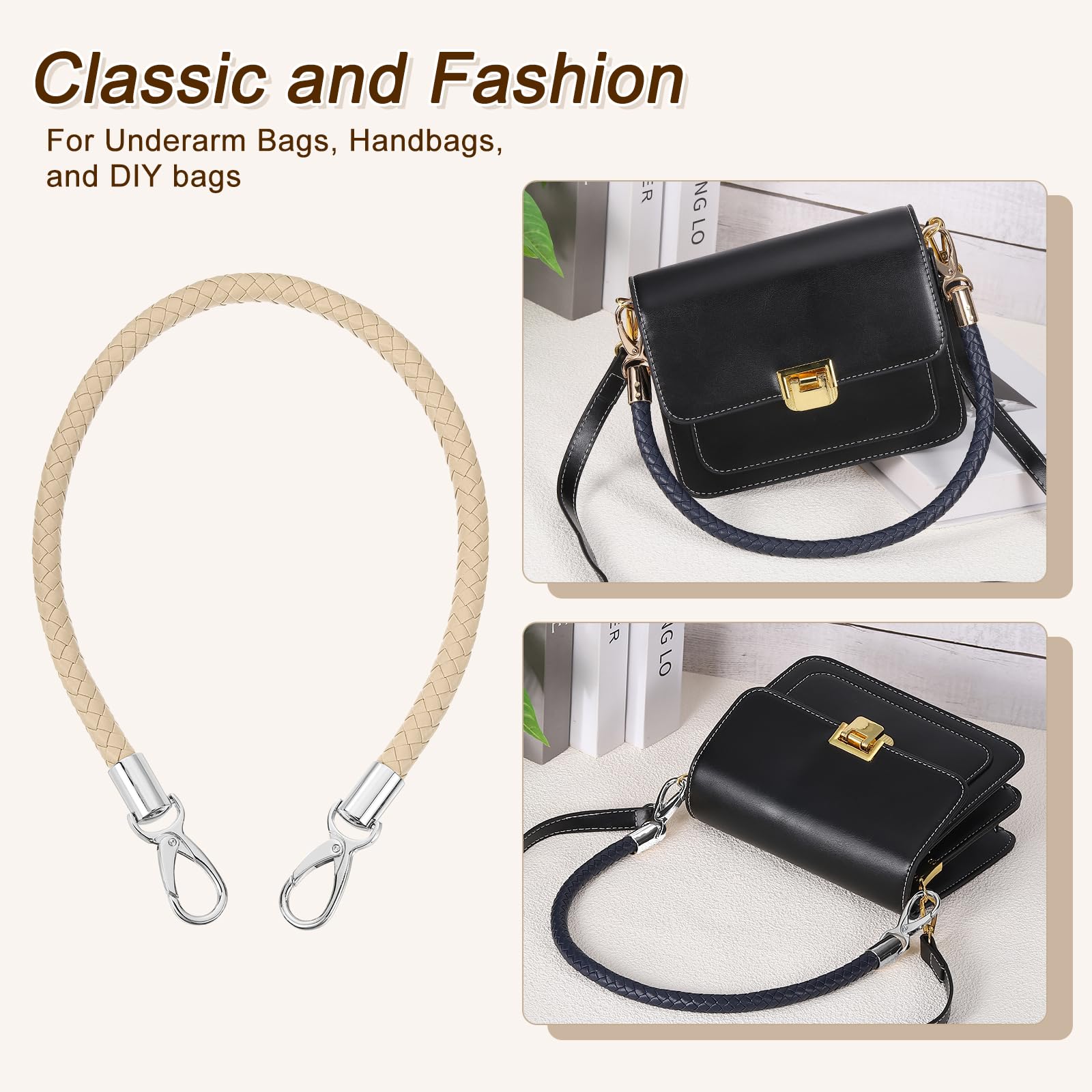 QUARKZMAN Tracolla In Pelle Per Borsa, 2pz Manico Di Ricambio Corto Intrecciata PU Con Fibbie Metallo Per Borsetta Fai Da Te Borse A Mano (60cm, Cinturino Marrone + Chiusura Argento