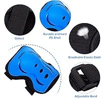 Vista 4 de Rodilleras para niños, conjunto de equipo de protección con rodilleras, coderas y muñequeras, ideal para niñas y niños, patinaje, patineta, Azul