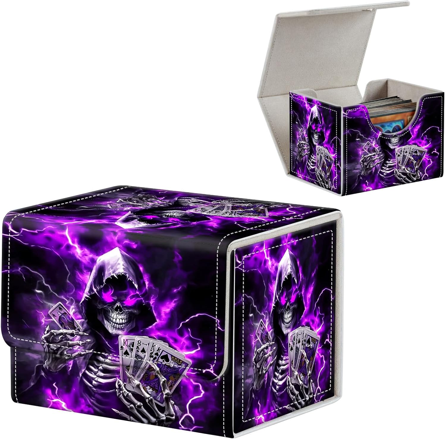 FUYOCWE Card Deck Box,MTG Commander Deck Box 100+ Double Sleeved Cards Storage,Magnetic Snap Leather Trading Card Case Oragnizer for TCG/CCG/Magic/Sports Cards-Black cat sit on a skull
