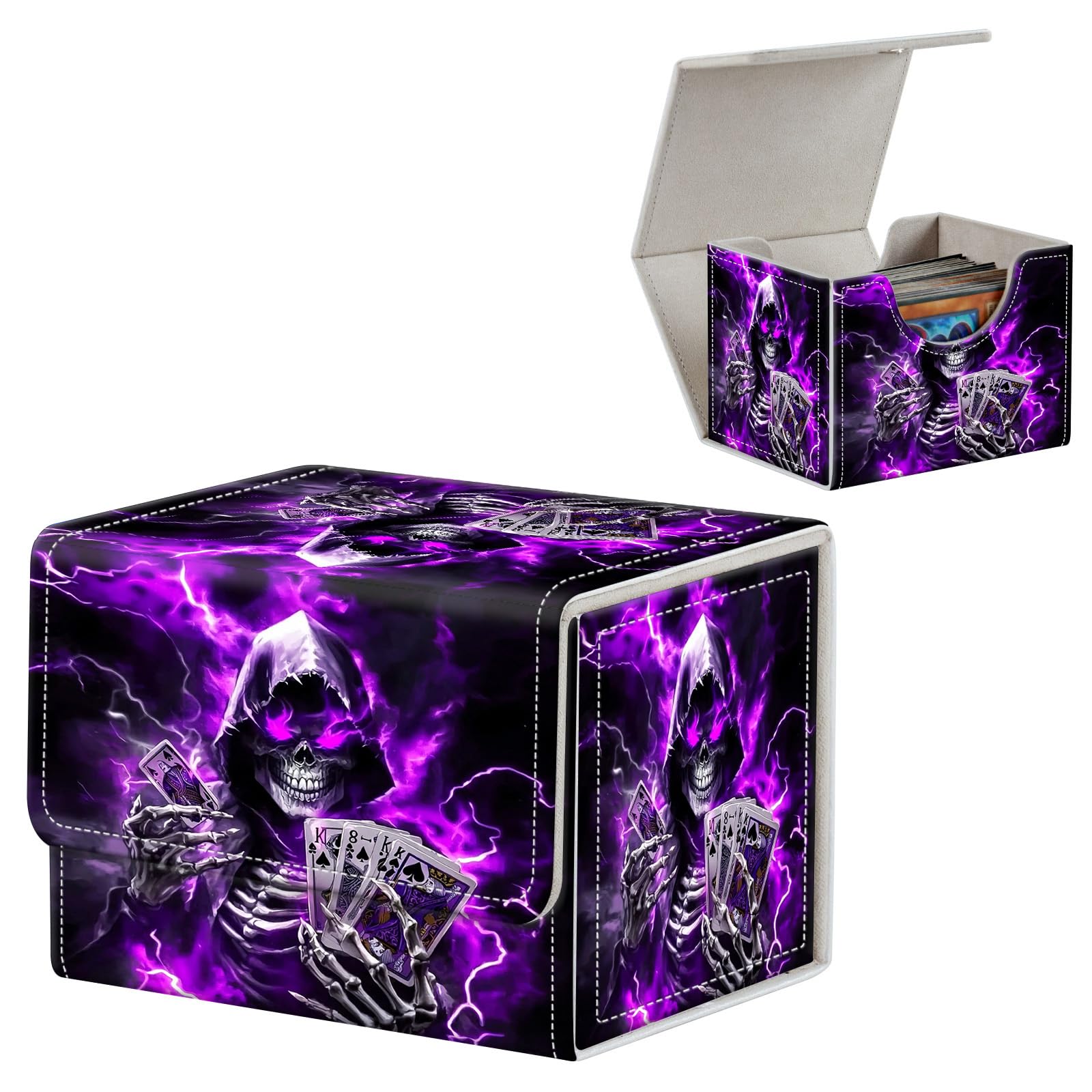 FUYOCWE Card Deck Box,MTG Commander Deck Box 100+ Double Sleeved Cards Storage,Magnetic Snap Leather Trading Card Case Oragnizer for TCG/CCG/Magic/Sports Cards-purple ghost skeleton