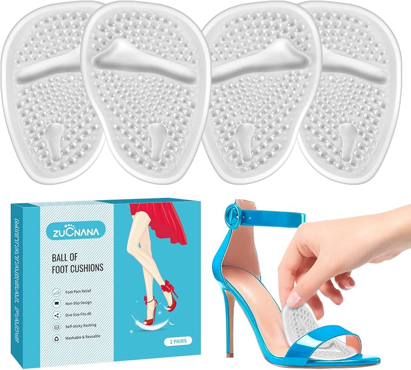 ZUCNANA Ball of Foot Cushions, Gel Shoe Inserts Heel Inserts Women 2 Pairs | Non Slip Heel Pads, Metatarsal Pads, Heel Cushions for foot Pain Relief and Comfort, High Heel Insoles, One Size Fits Any
