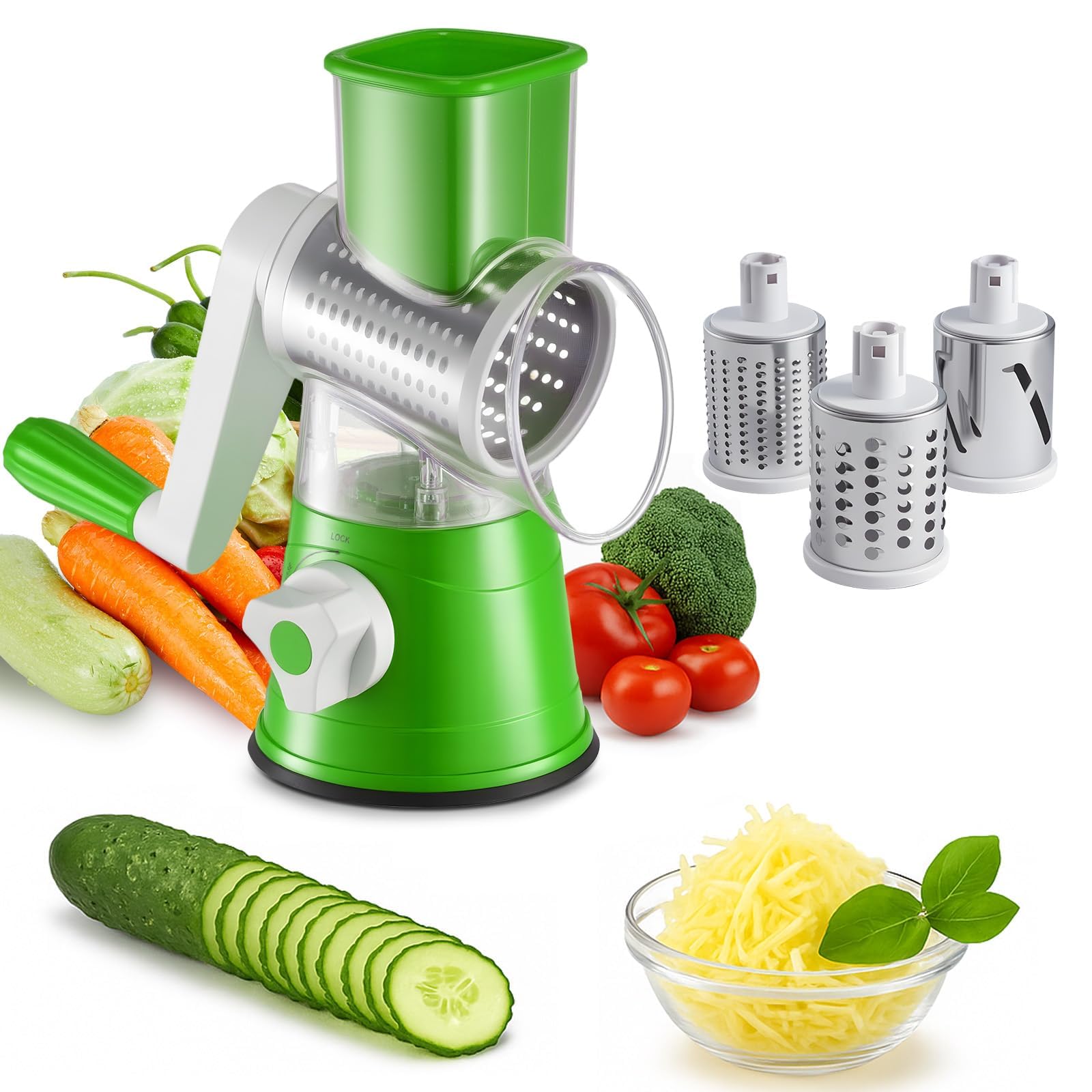 Rotary Cheese Grater Handheld Vegetable Slicer, Manual Cheese Shredder with 3 Interchangeable Drums for Cheese, Vegetables, Carrots, Nuts, Chocolate, Kitchen Food Processor (Green)