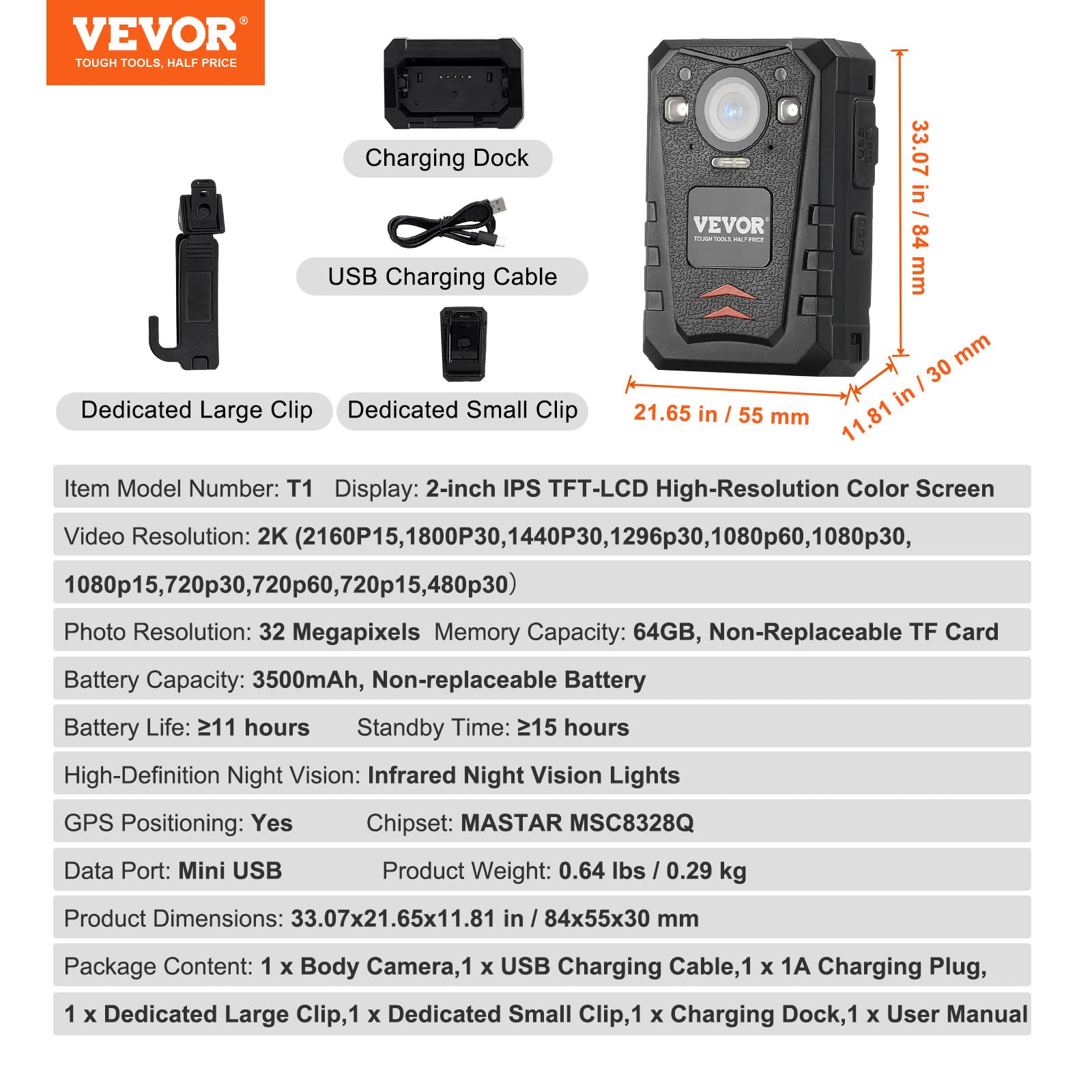VEVOR Telecamera per Corpo della Polizia HD 1440P, 64 GB Audio Video, Batteria Integrata da 3500 mAh, LCD 5 cm, Visione Notturna Infrarossi, Telecamera Corpo Personale Impermeabile Forze dell'Ordine