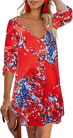 AlvaQ Women Summer Dresses 2024 Strappy Button V Neck Sleeveless Beach Sundress Casual Swing A Line Short Mini Dress