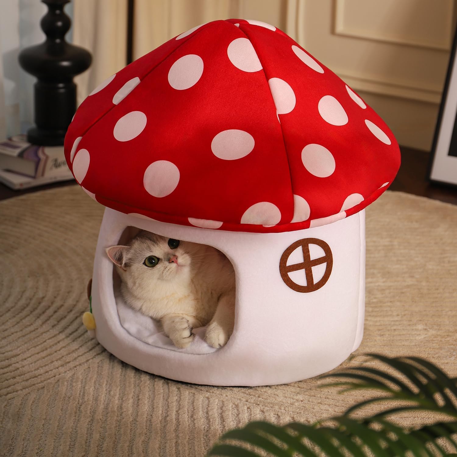 Mushroom Cow Cat Bed House for Indoor Cats & Small Dogs - Soft Cave-Style Pet Nest with Removable Washable Cushion, Plush Semi-Enclosed Cat Cave Tent, Red & White, Cozy Non-Slip Calming Bed