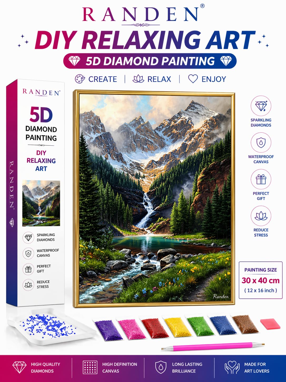 RANDEN 5D Diamond Painting Kit – Bridge & Lotus Pond Spring Scene | DIY Diamond Art for Relaxation & Home Wall Decor (Multi-Colour I)-image-1