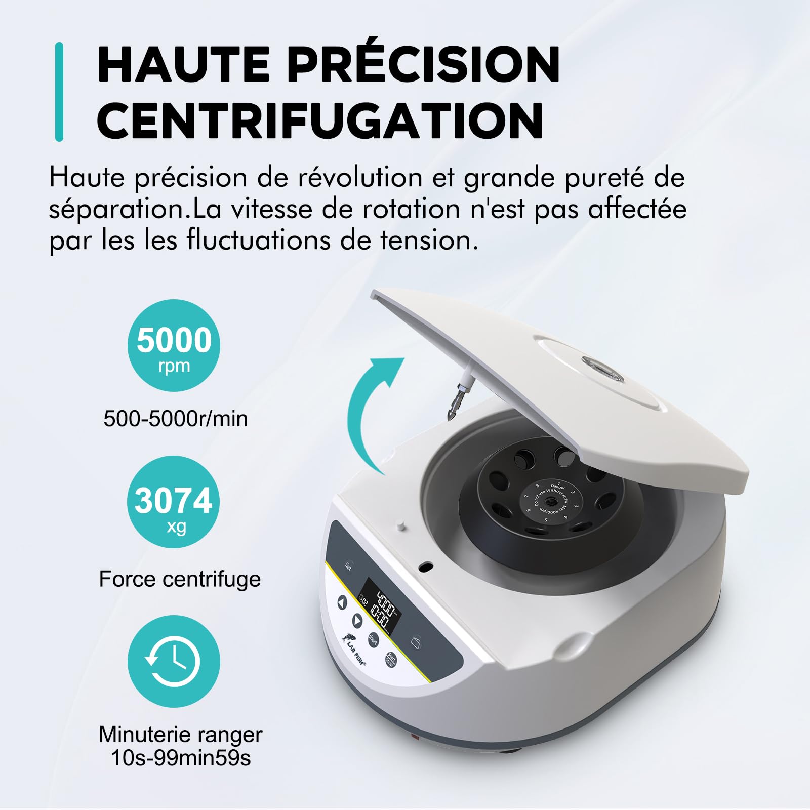 LAB FISH Centrifugeuse de Paillasse pour Tubes 2ml 5ml 10ml 15ml, 500-5000 tr/min Faible Vitesse, Force Max 3074 xg, Rotor 8 Places, Idéale pour PRP/PRF