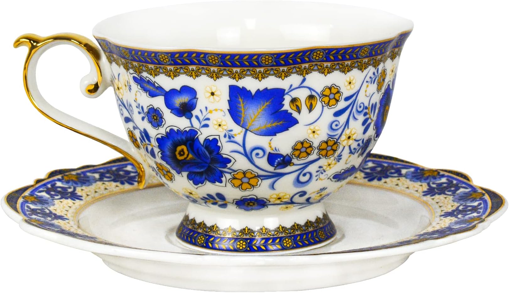 ACMLIFE Bone China Tea Cups and Saucers, 6.8 oz Tea Cup and Saucer Set, with Gold Trim and Gift Box, Blue and White