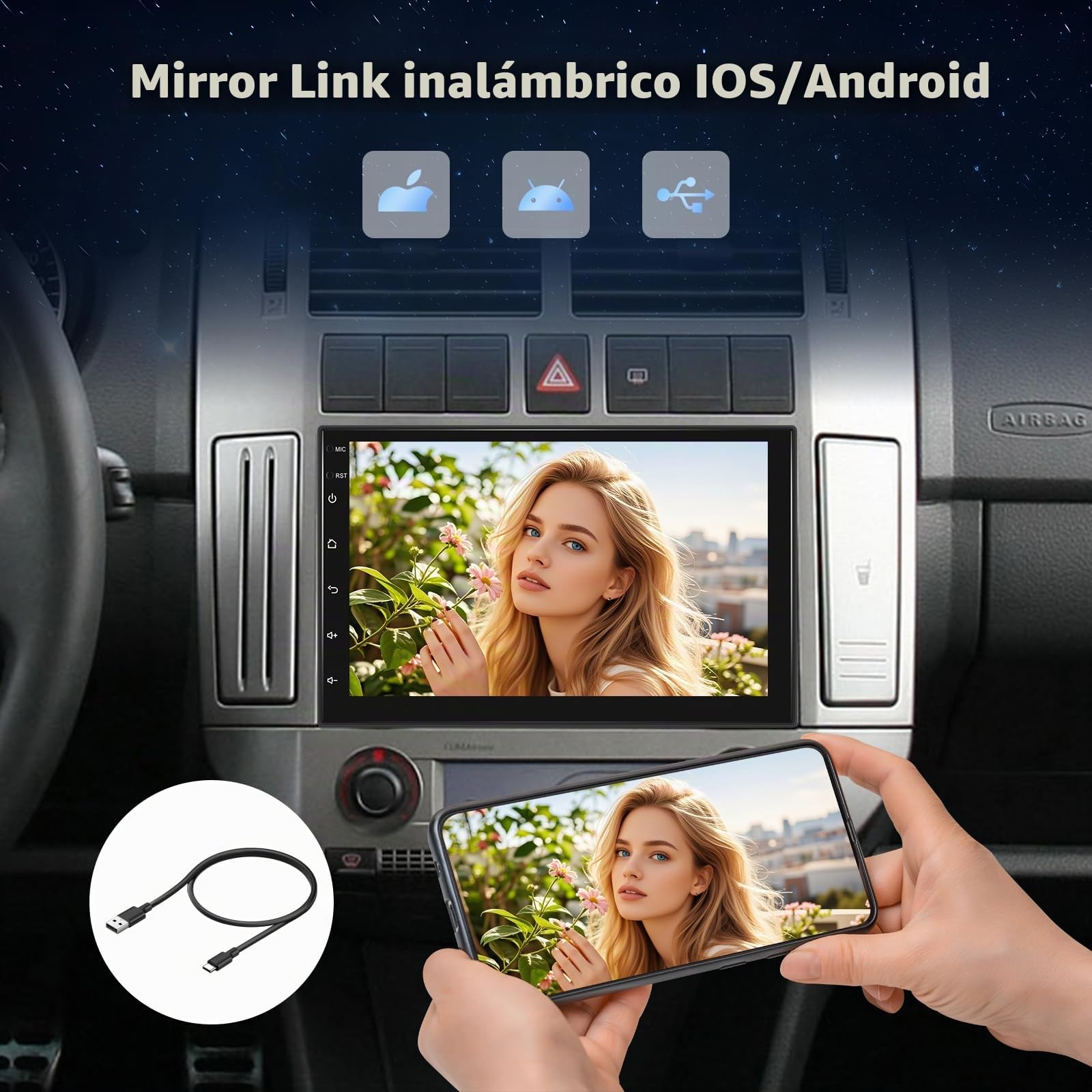 NHOPEEW Radio para Coche Android con WiFi GPS -Radio para Coche de 7 Pulgadas Compatible con Mirror Link, Ecualizador, DSP, Pantalla Dividida, Controles en el Volante y cámara de Marcha atrás