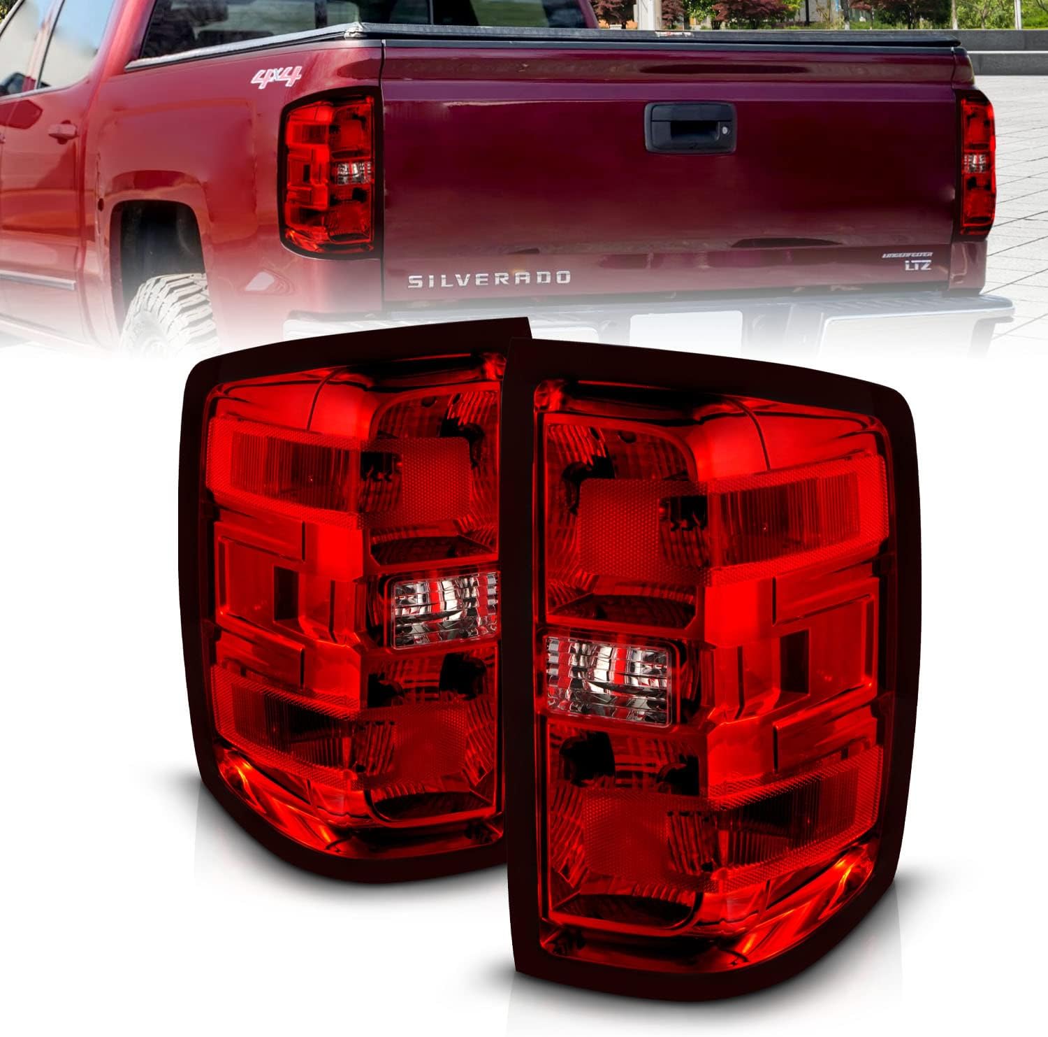 AmeriLite for 2014-2019 Chevy Silverado 1500 2500 3500 Red OE Factory Replacement Rear Tail Light w/Bulbs Set - Passenger and Driver Side