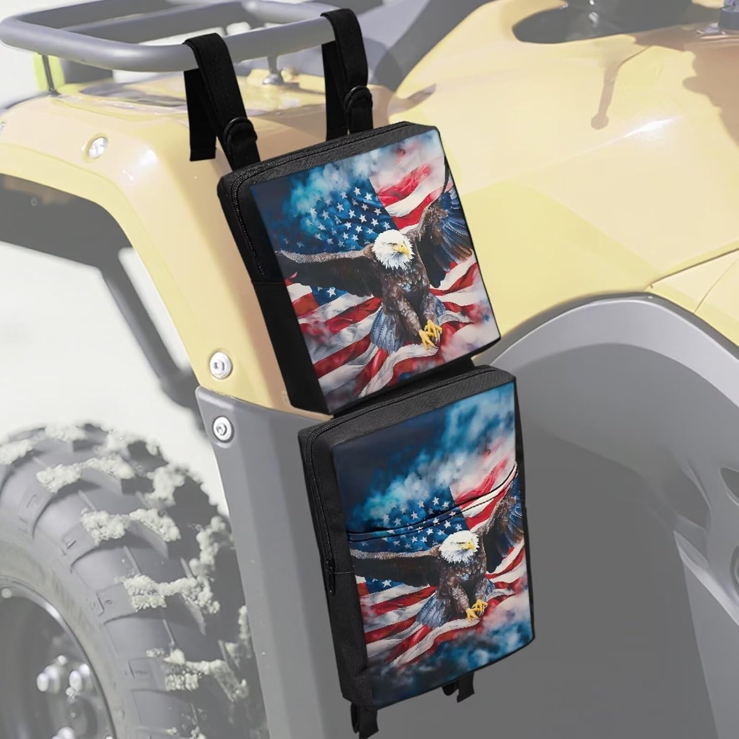 SEANATIVE ATV Fender Bag Eagle US Flag Print Rear Storage Bags With Drink Holder Detachable ATV Gear Bag Compatible Most 4 Wheeler Accessories Hanging Cargo Bags