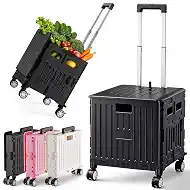 SUNALLY Folding Utility Cart Rolling Crate Handcart Shopping Trolley, Black | Lockable Collapsible Tool Box with Lid, Rolling Crate With Wheels for Grocery, Travel, Garden, Shop, Office, Luggage, Teacher