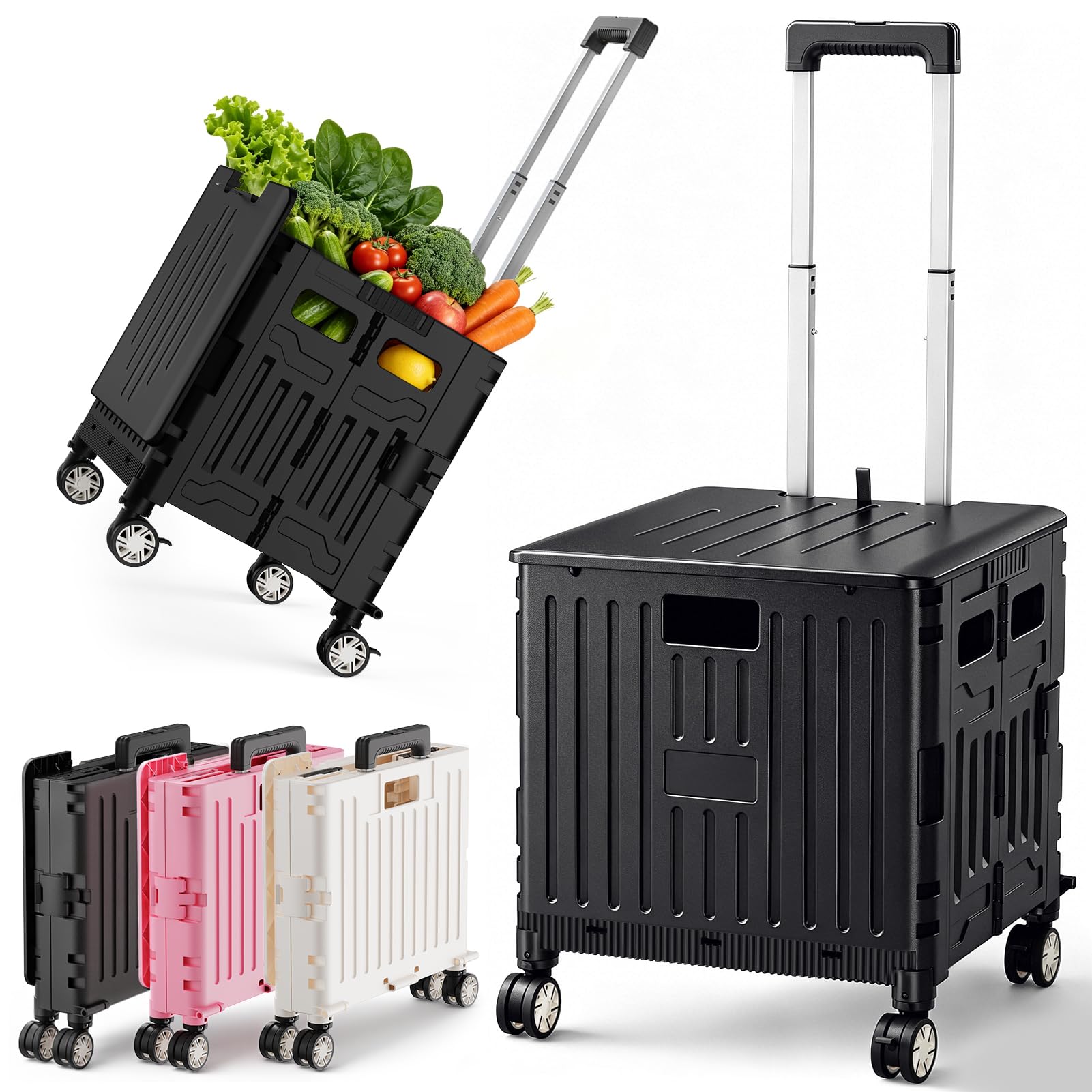 SUNALLY Carrello pieghevole portatile con ruote bloccabili, coperchio, cassetta degli attrezzi pieghevole per la spesa, viaggi, giardino, negozio, ufficio, bagagli, insegnante, nero