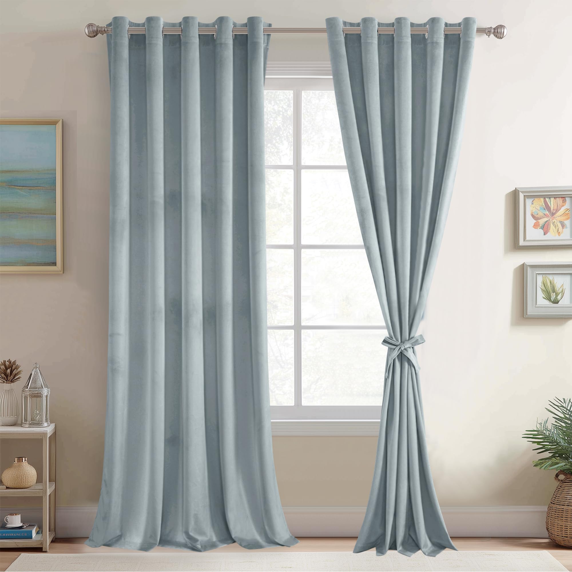 JIUZHEN Stone Blue Velvet Curtains - Super Soft Bedroom Window Curtains & Drapes Room Darkening Energy Efficiency Curtains for Living Room Home Office