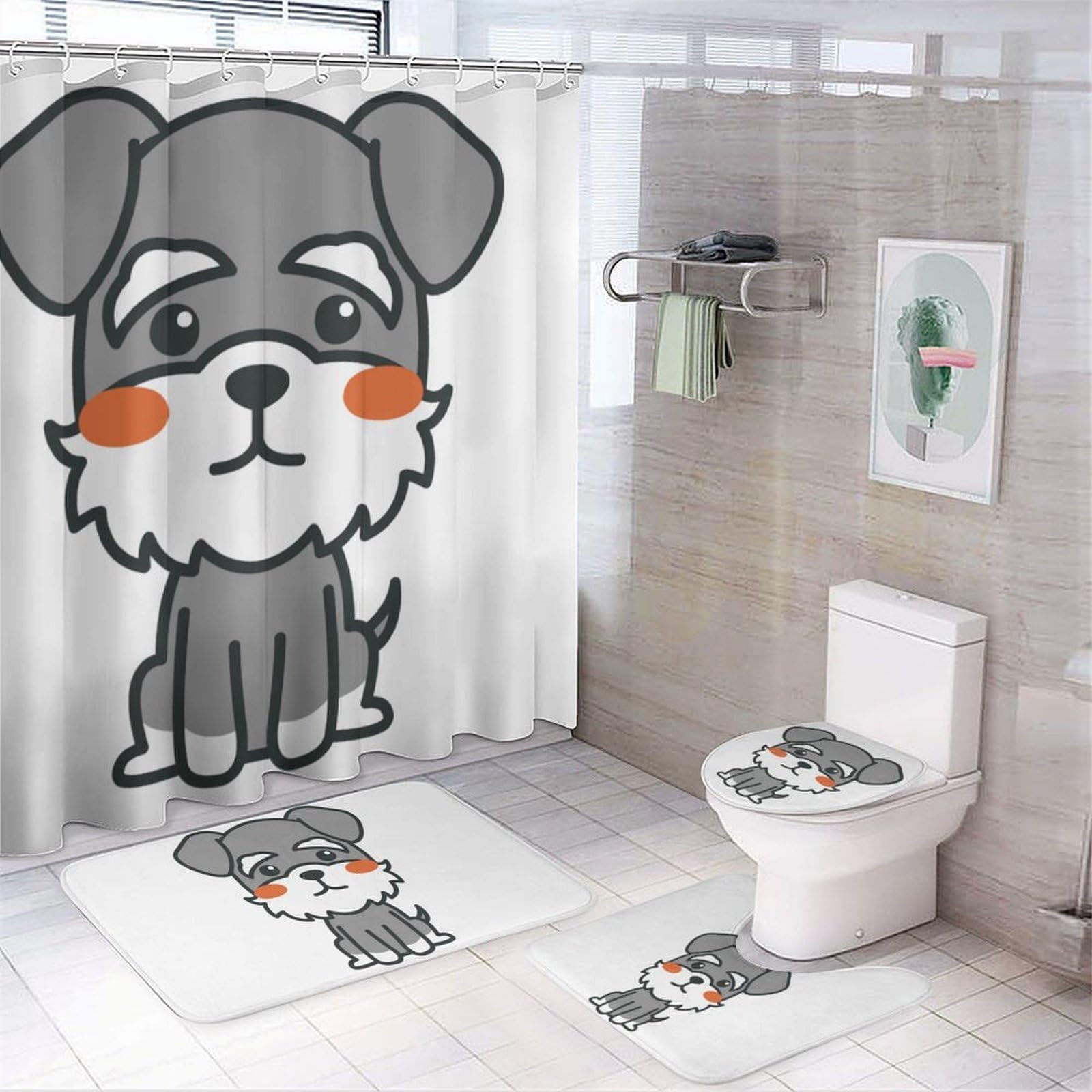 Wlntrophic Bathroom Mat Set 4 Piece, Cute Schnauzer Dog Shower Curtain with Non-Slip Bath Mats for Bathroom