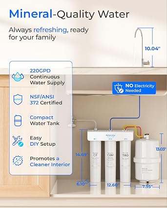 Waterdrop T3-T, 220 GPD Faster Flow, Remineralization 7-Stage Reverse Osmosis Water Filter, 2:1 Pure to Drain, NSF/ANSI 372 Certified Under Sink RO System with Tank, No Power Needed, Easy Installation