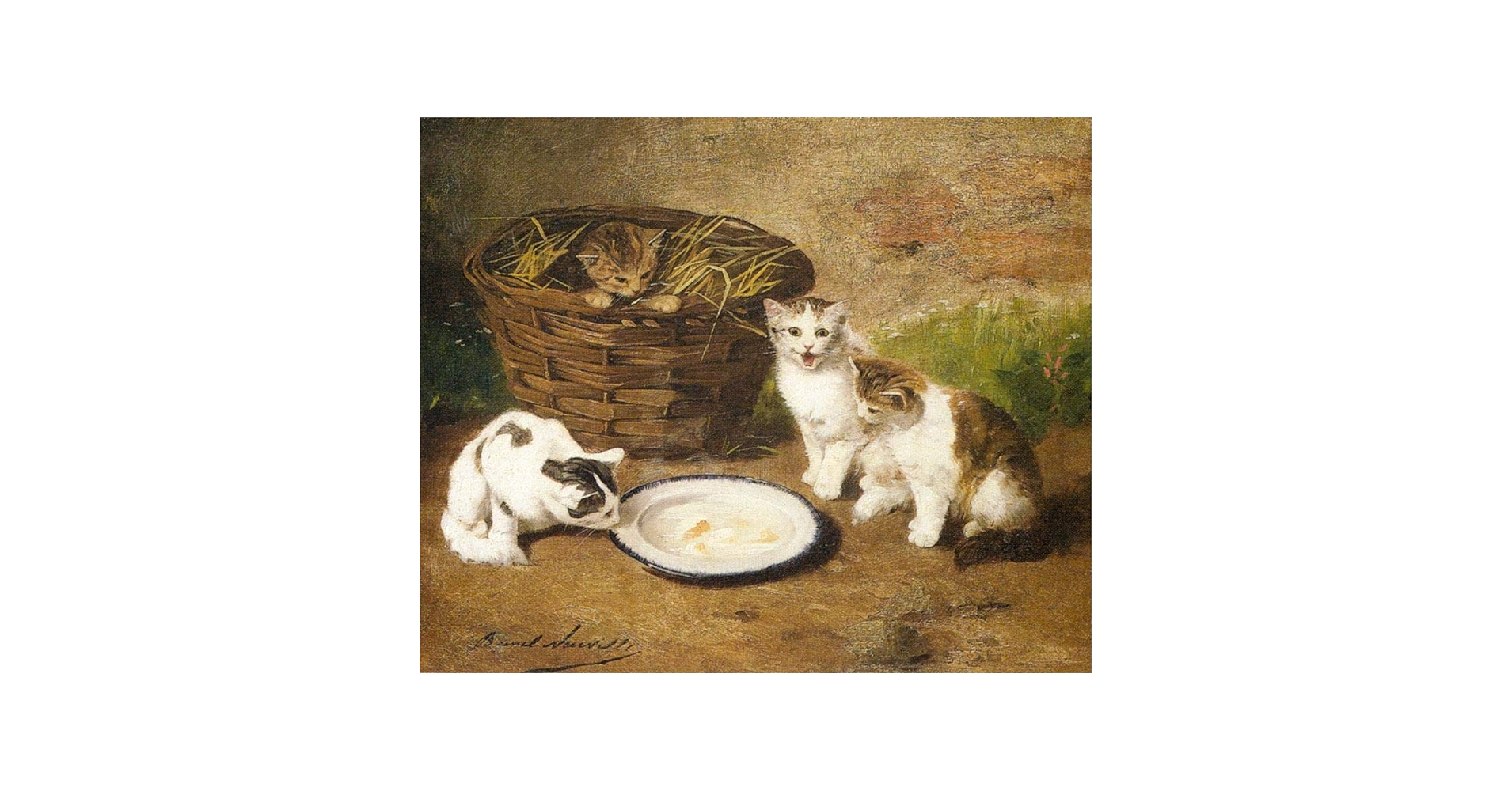 絵画 インテリア 額付(白) 油絵 uF6-071219 猫たちと犬たち 絵画 インテリア 額付(白) 油絵 uF6-071219 猫たちと犬たち