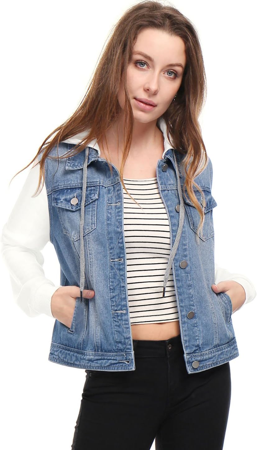Allegra K Women's Jean Jackets Layered Drawstring Hood Denim Jacket with Pockets - Image 2