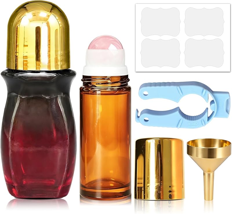 Frascos roll-on recarregáveis ORVEXILA de vidro com esferas de quartzo-rosa, Pacote com 2
