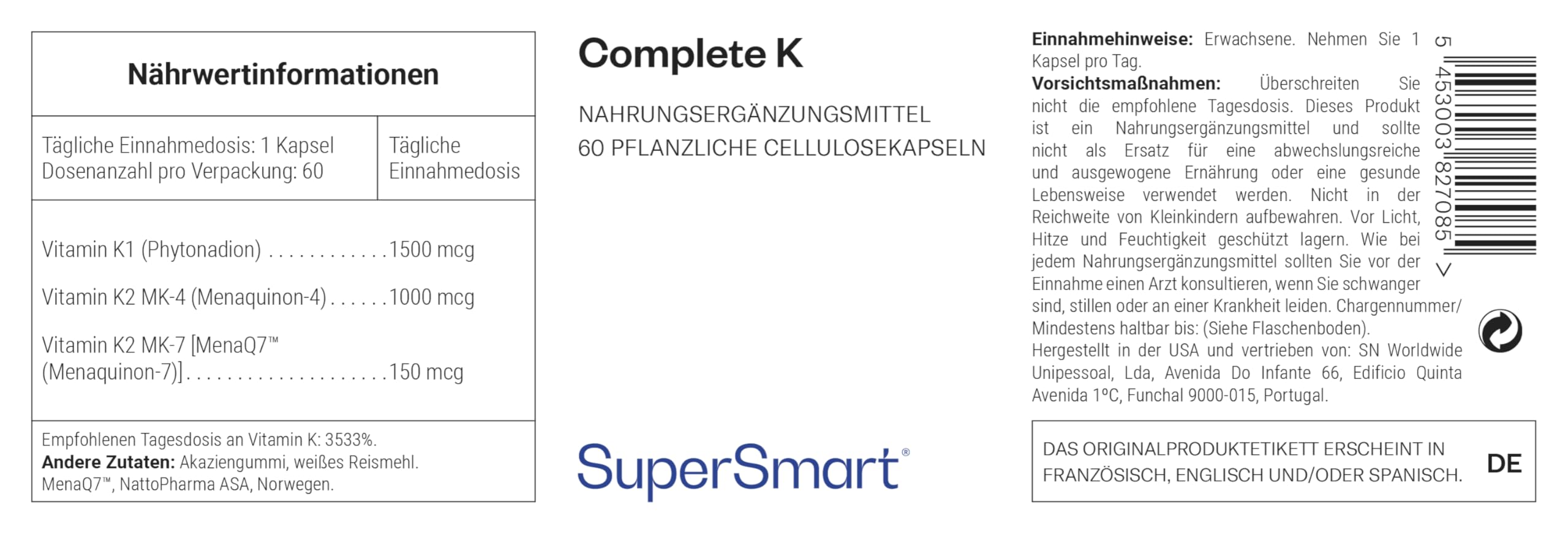 Complete K - Unterstützt die Umverteilung von Kalzium im Körper - Enthält eine Kombination der drei besten Formen von Vitamin K (Phytonadion, Menaquinon 4 und Menaquinon 7) - Vegan - Von Supersmart