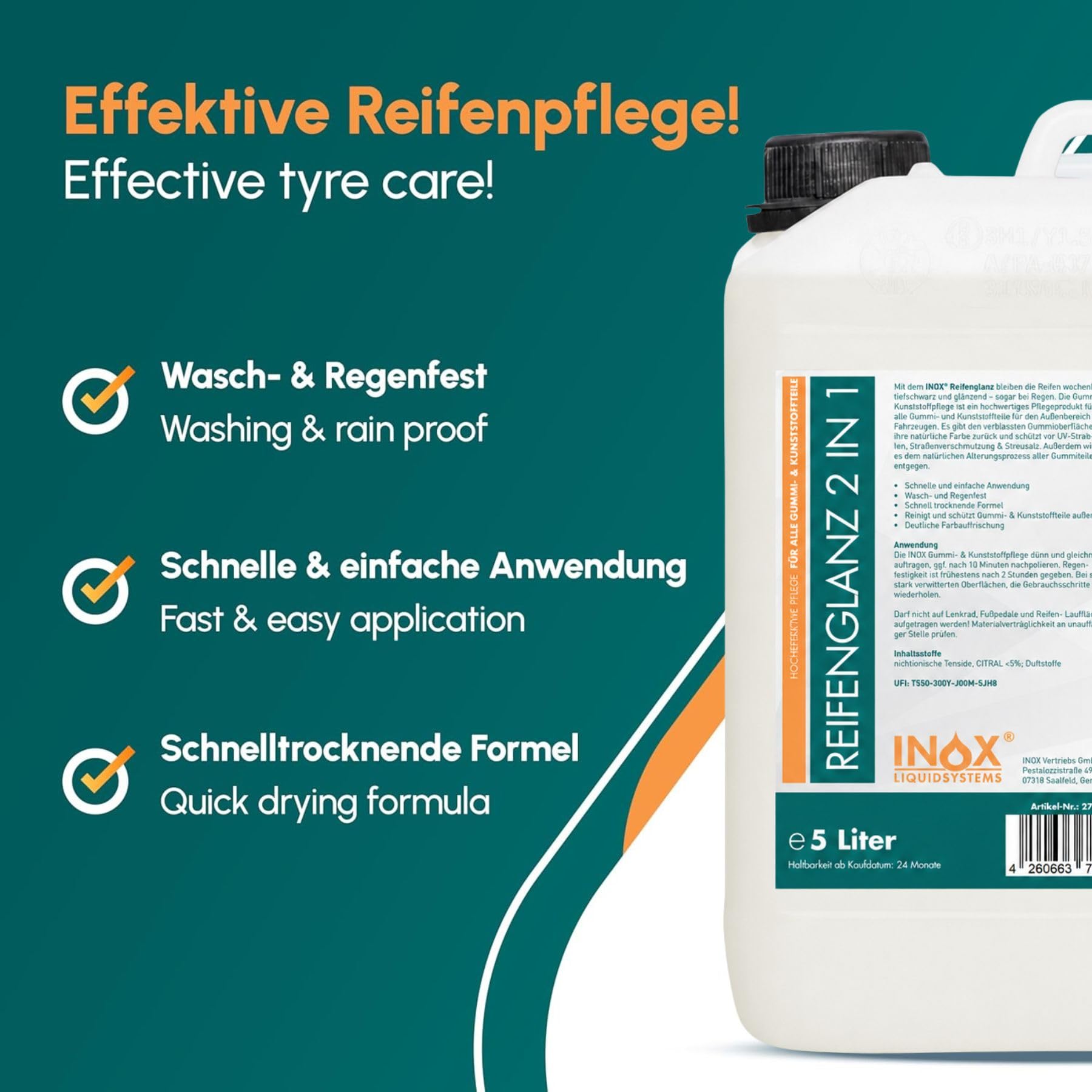 INOX® Reifenglanz - 5L Soin pour pneus et plastiques de voiture & soin pour caoutchouc pour l'extérieur - Noir - Entretien pour pneus et brillance - Entretien et nettoyant pour pneus de voiture - Noir