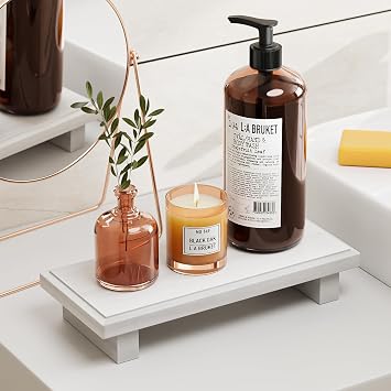 KLM Wooden Pedestal Tray Riser, Farmhouse Decor for Vanity Counter White