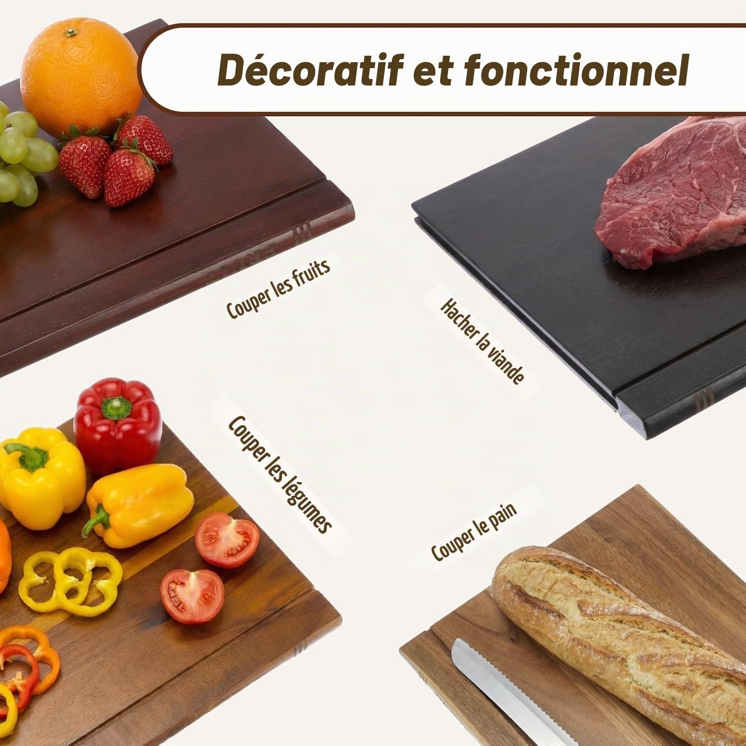 Lot de 4 planches à découper en bois avec support de rangement - Planches à découper décoratives en forme de livre pour la viande, les légumes et le pain