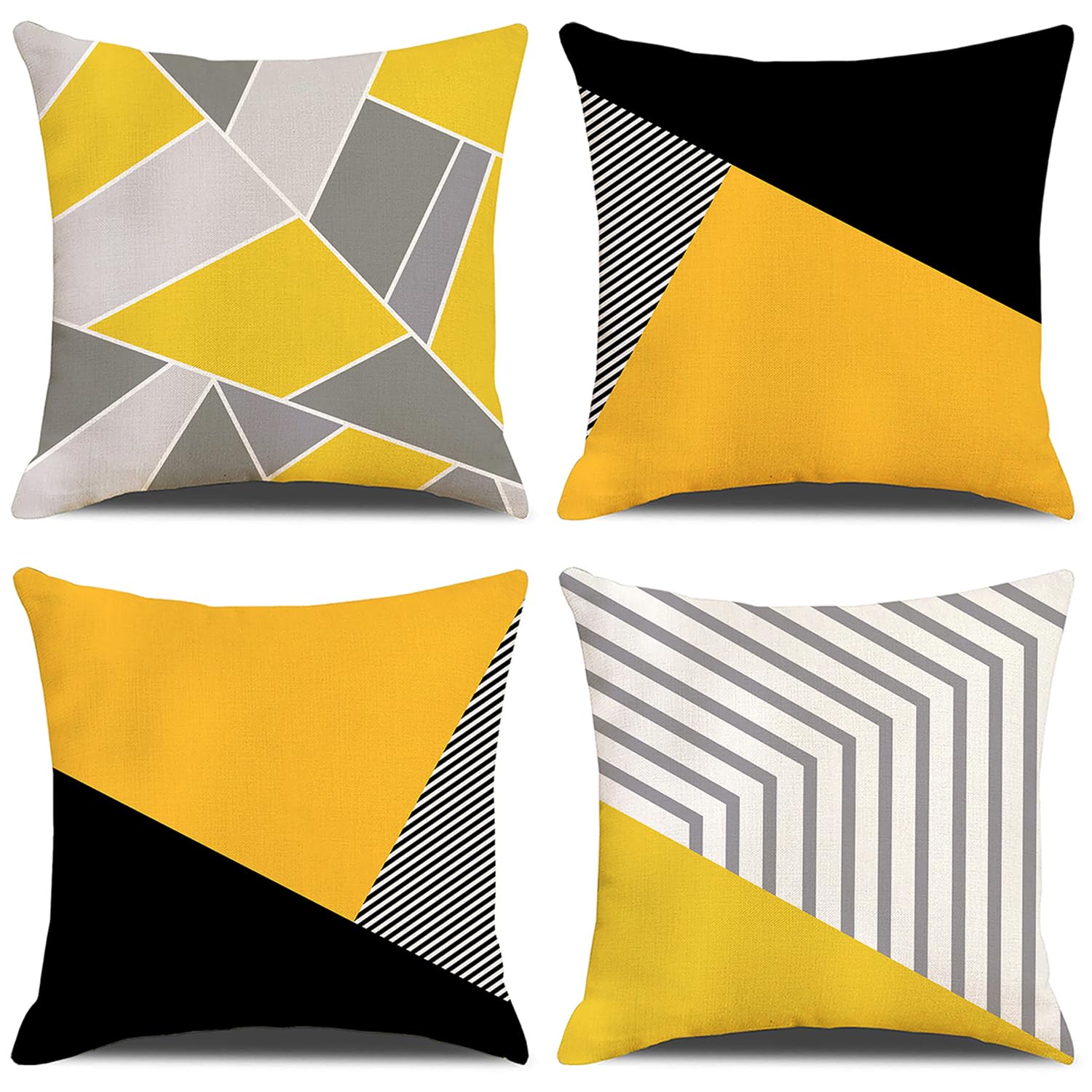 GYISANA Cushion Covers 45cm x 45cm,Set of 4 Black and Yellow Geometric Shape Decorative Throw Pillow Covers Linen Square Pillow Cases 18x18 Inch for Sofa Living Room Bed Couch Car Home Decor