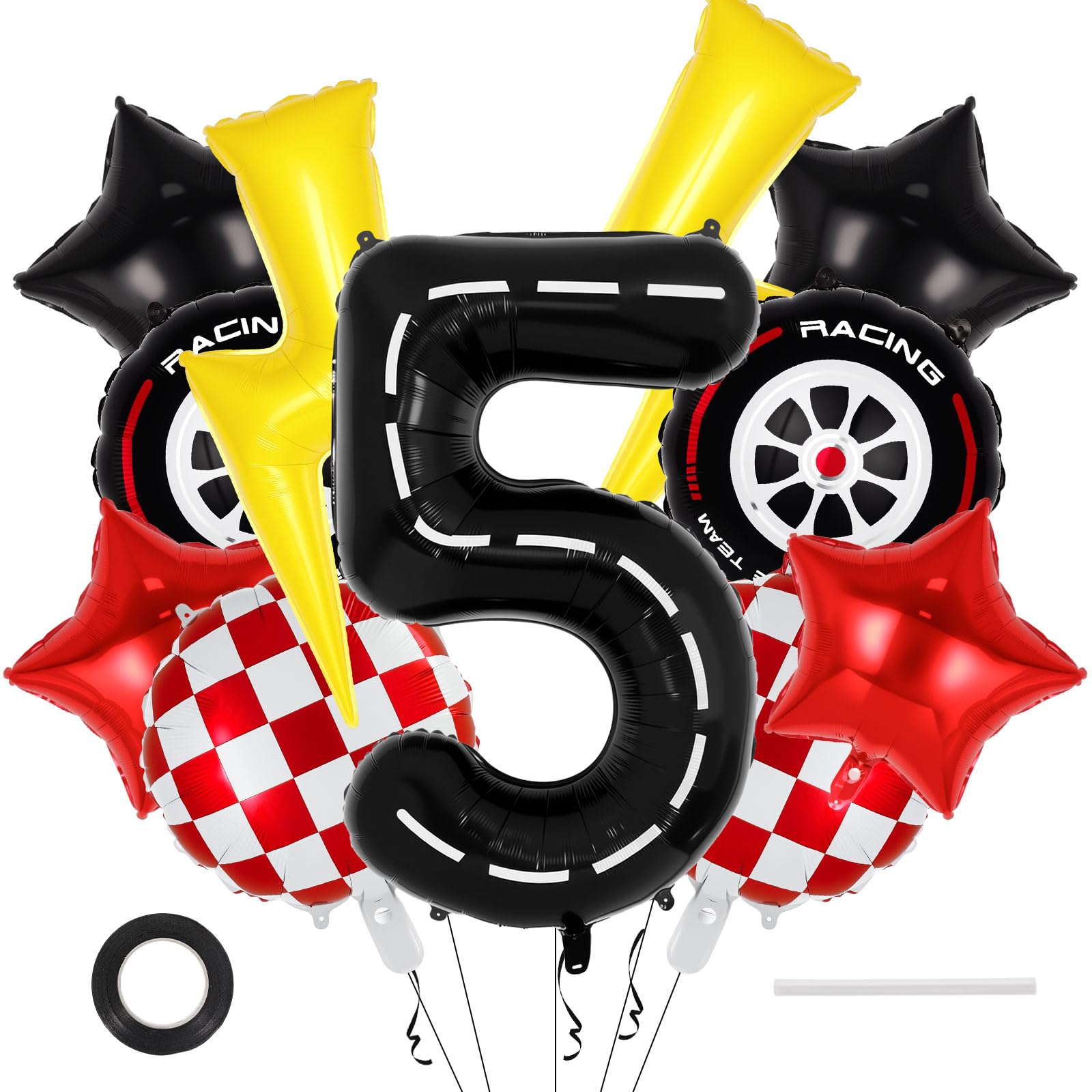 Photo 1 of 11 Pcs Race Car Birthday Balloons, 40 Inch Number 5 Racetrack Foil Balloons, Lightning Tire Star Checkered Mylar Balloon for Race Car Themed Birthday Party Decorations (Number 5)
