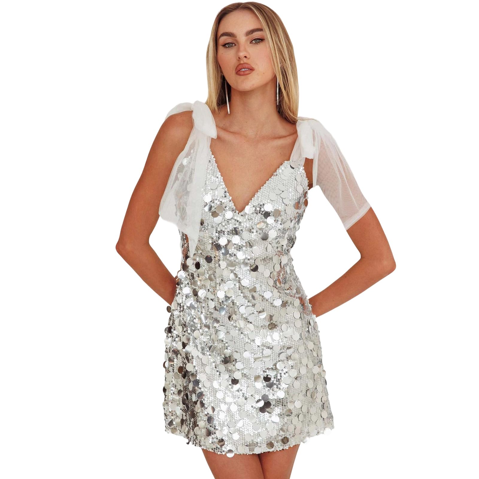 Robe de cocktail à paillettes col en V chic en polyester - 8