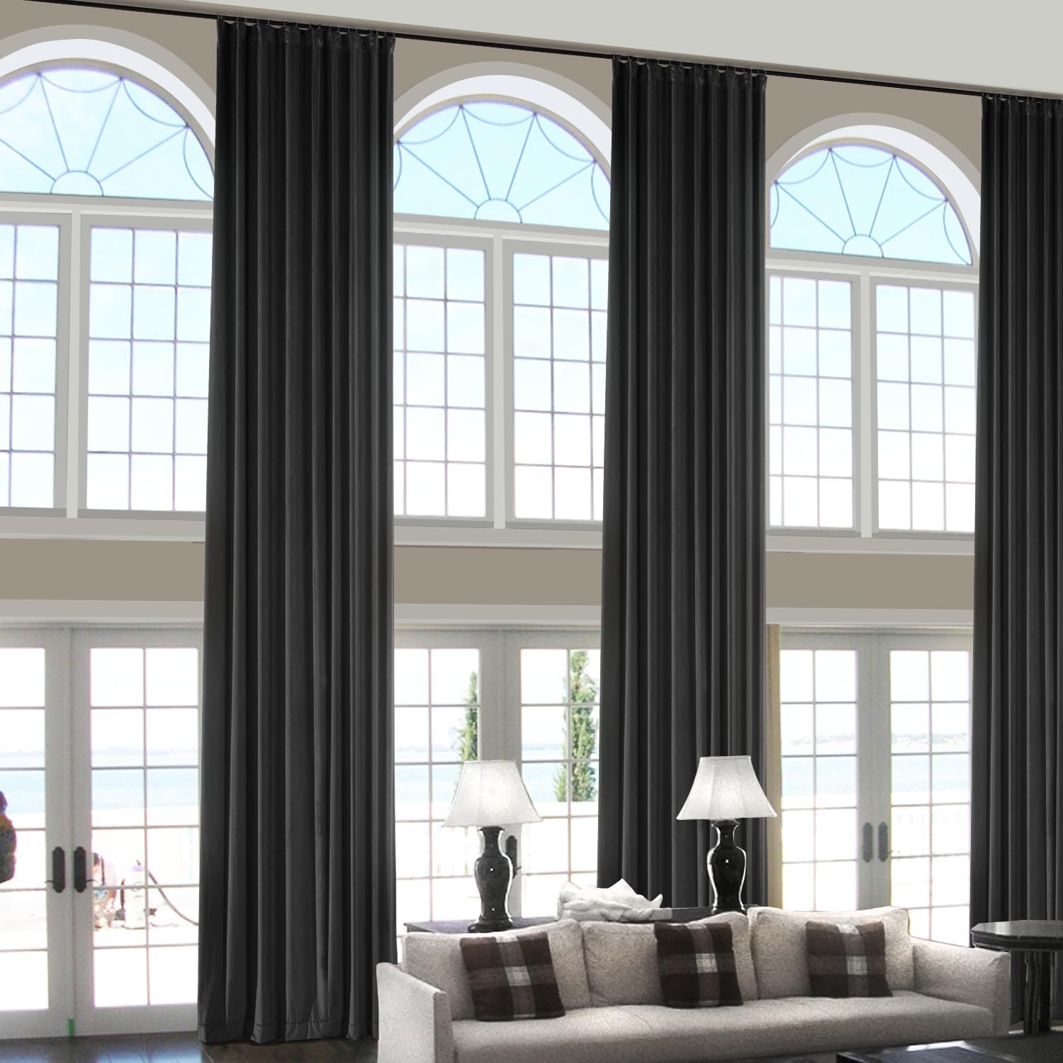 ChadMade 120 Inches Long Velvet Curtains, 2 Panels 52Wx120L Black, Rod Pocket Back Tab Hook Belt Flat Hooks Light Filtering Draperies for Traverse Rod, Leon Collection