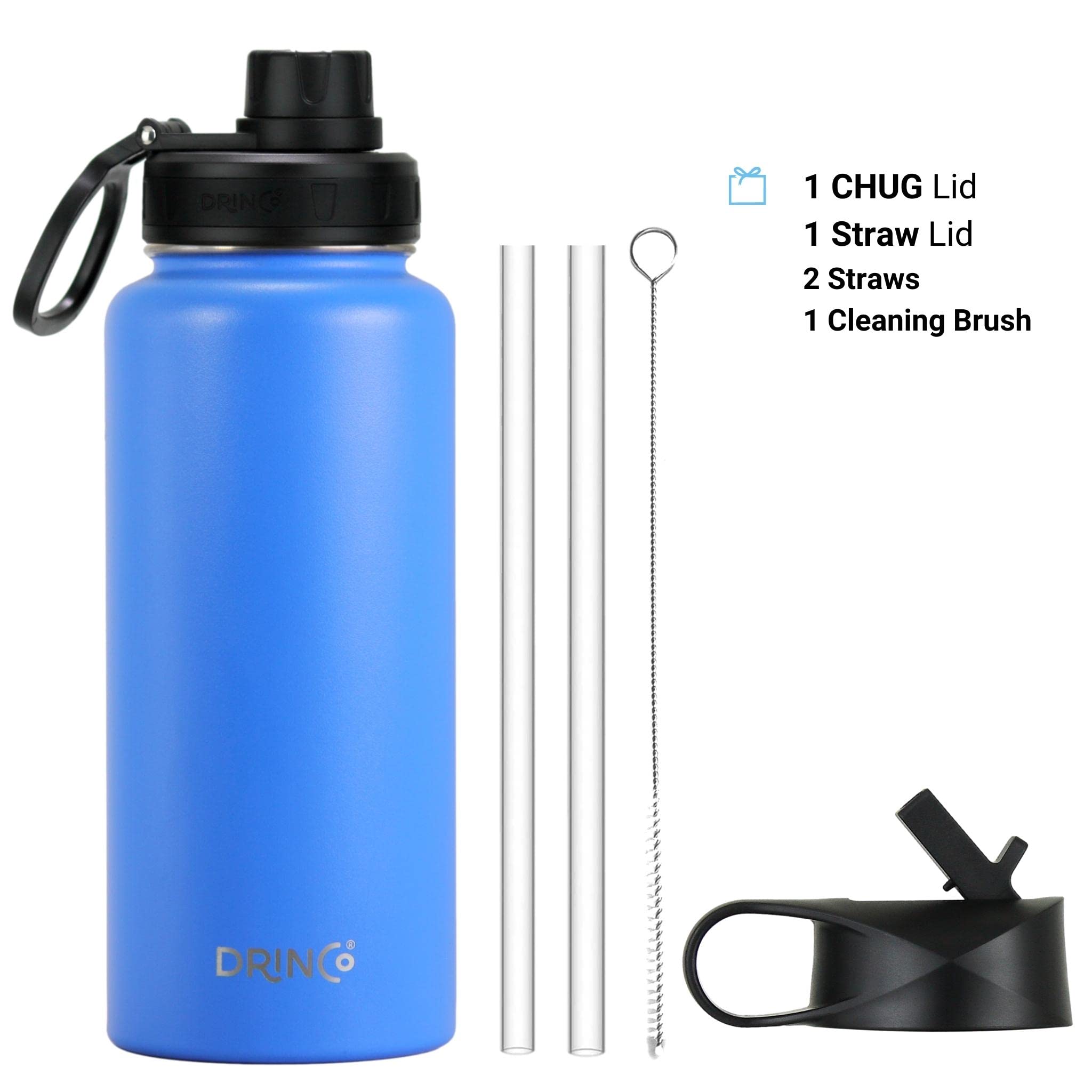 DRINCO Botella de agua de acero inoxidable con tapa de boquilla aislada al vacío, botella de agua de doble pared, boca ancha (40 onzas, 32 onzas, 22 onzas, 18 onzas, 14 onzas), a prueba de fugas,
