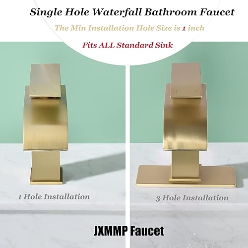 Miniatura 5 de Grifo de baño de cascada de bronce aceitado con un solo agujero, grifo de lavabo de baño de una sola manija con montaje de tapón desplegable y placa