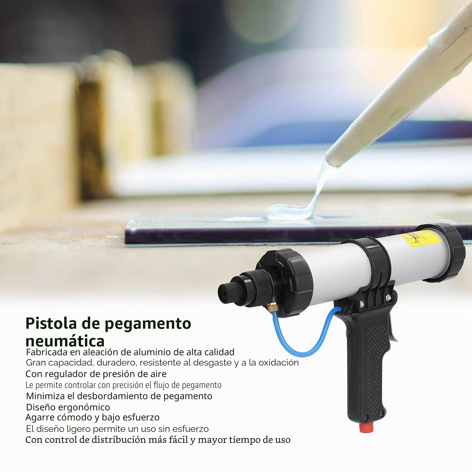 Pistola de Calafateo de Aire Neumática, Pistola de Calafateo Inalámbrica Profesional de 310 Ml con Regulador de Flujo de Aire, Pistola de Calafateo Neumática de Aleación de Aluminio
