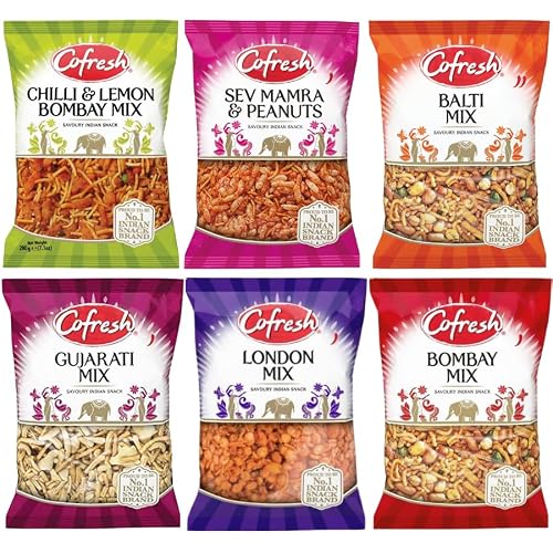 Image of Indian Savoury Snack Bundle Pack with Cofresh Chilli & Lemon Bombay Mix, Sev Mamra & Peanuts Mix, Balti Mix, Gujarati Mix, London Mix, Bombay Mix (Each 200g - 1 Pack) | Total - 6 Pack