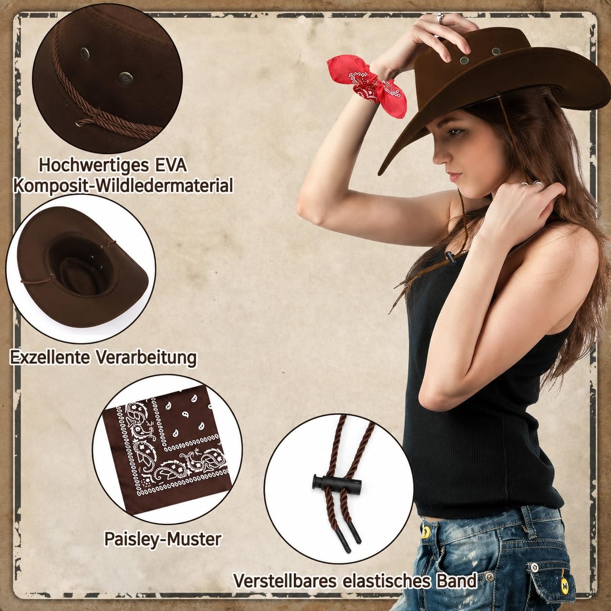 Set di 15 cappelli da cowboy, cappello da cowboy occidentale con 15 bandana per adulti, cappelli da cowboy, cappello da cowboy, costume da cowboy, cappello da festa, costume da cowboy, costume