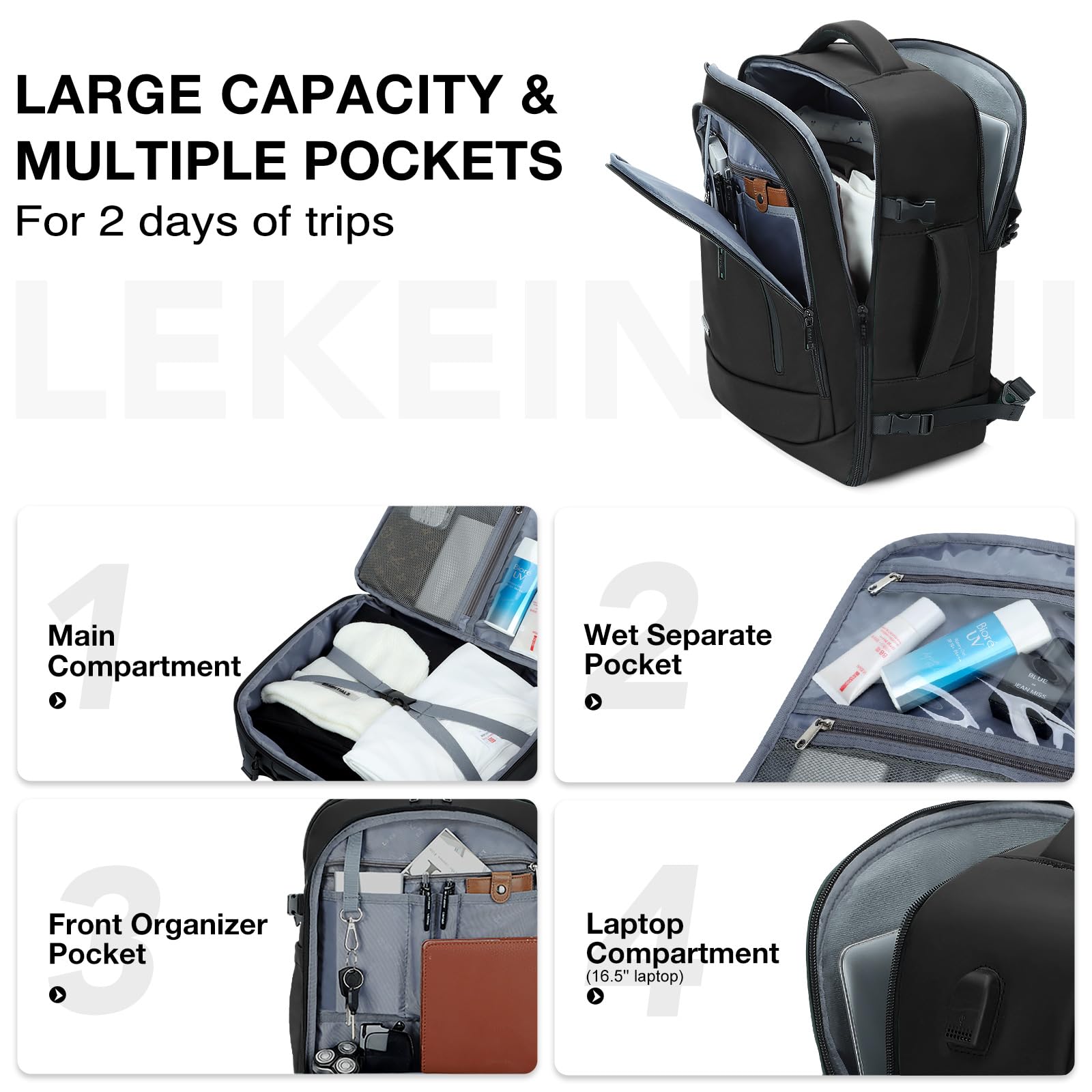Lekeinchi Zaino per Ryanair 40x20x25 (20L), Zaino da Viaggio Aereo Bagaglio a Mano, Borsa da Cabina con 3 Borse Organizer, Zaini Casual per Scuola Affari - Nero