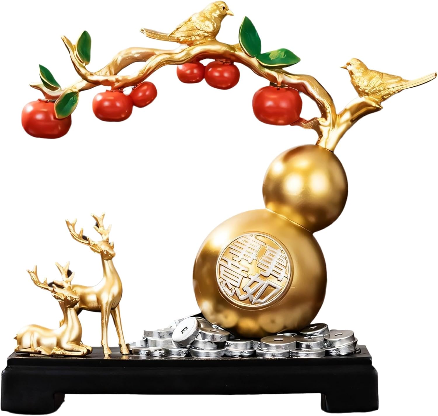 Feng Shui Wealth Statue for Home Decor - Luxury Gold Gourd & Deer Resin Sculpture with Persimmons - Good Luck Ornaments for Executive Desk, Business Opening & Housewarming Gifts (11.4 Inches Tall)