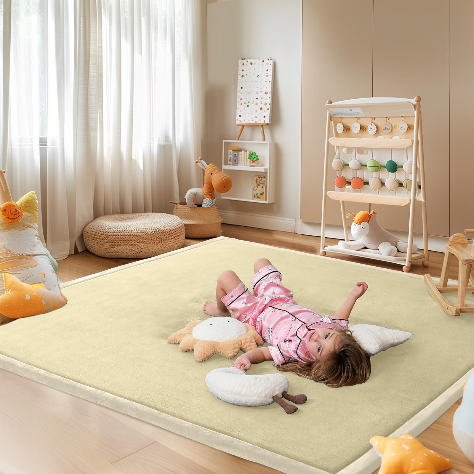 SUNYRISY Krabbelmatte Baby Spielmatte, 3.5cm Dicke Kinderzimmer Spielteppich Kinder Teppich für Mädchen und Junge, Rutschfester Unterseite Tatami Matte, Memory Schaum, 150 x 150cm Beige