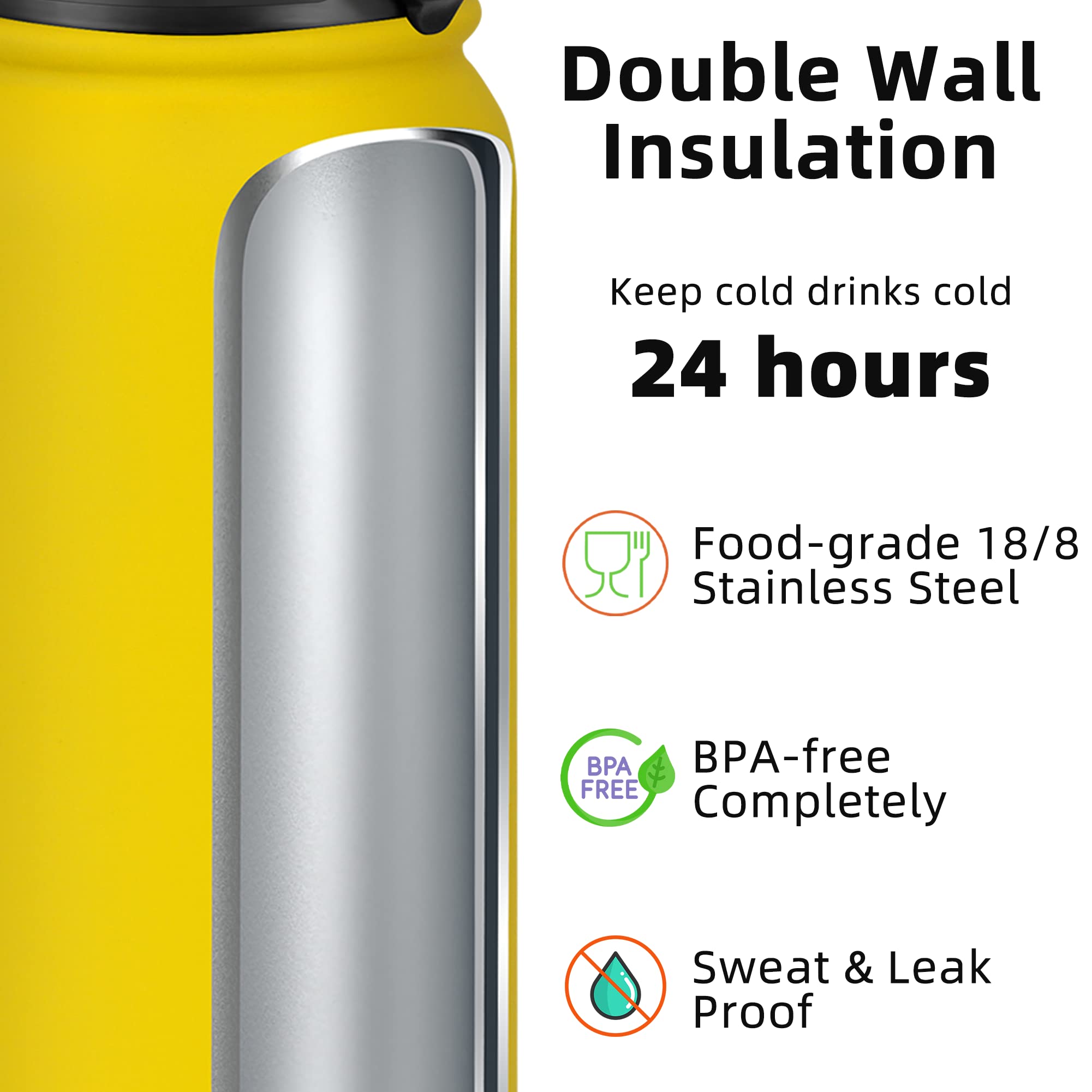 Fanhaw 1L Stainless Steel Insulated Sports Water Bottles with Straw for Kids Men and Women(Yellow), 946 ml - Image 3