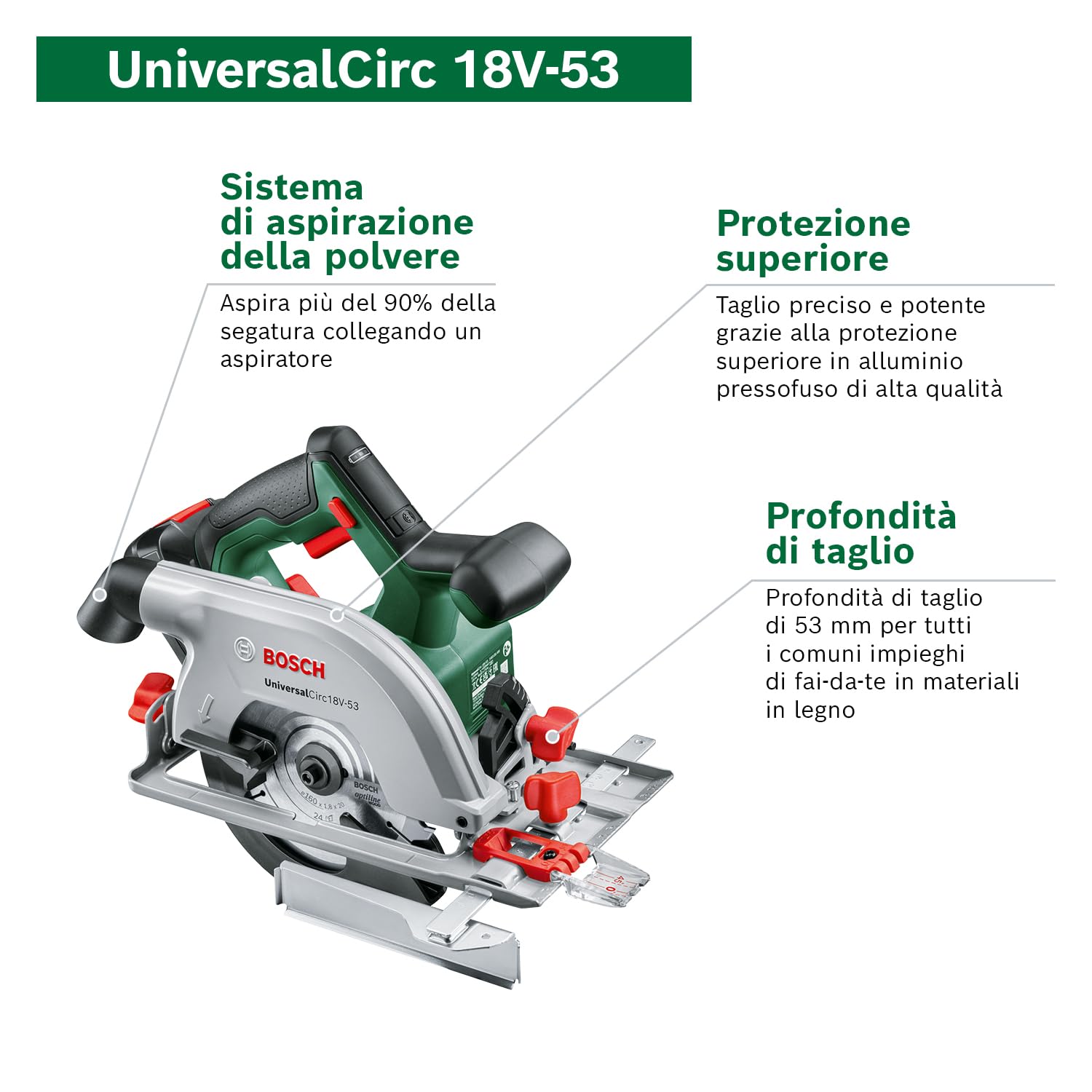 Bosch Sega circolare a batteria UniversalCirc 18V-53 (taglio preciso nel legno; profondità di taglio max. 53 mm; 18 Volt System; 1 batteria da 2,5 Ah e caricabatteria)